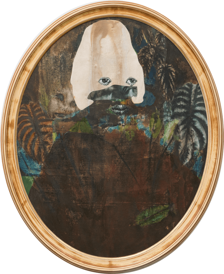 David Shrobe Habitual Growth, 2023 oil on paper, acrylic, ink, and charcoal on canvas, mounted on museum board and set in artist carved wood frame 34 x 27 in 86.4 x 68.6 cm