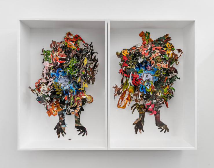 Ebony G. Patterson …kiss goodbye … goodbye kiss…, 2022 digital print on archival watercolor paper, construction paper, and wallpaper with plastic flies, and roaches 60 1/2 x 82 1/2 x 13 1/2 in (total) 153.7 x 209.6 x 34.3 cm 60 1/2 x 41 1/4 x 13 1/2 in (each frame) 153.7 x 104.8 x 34.3 cm