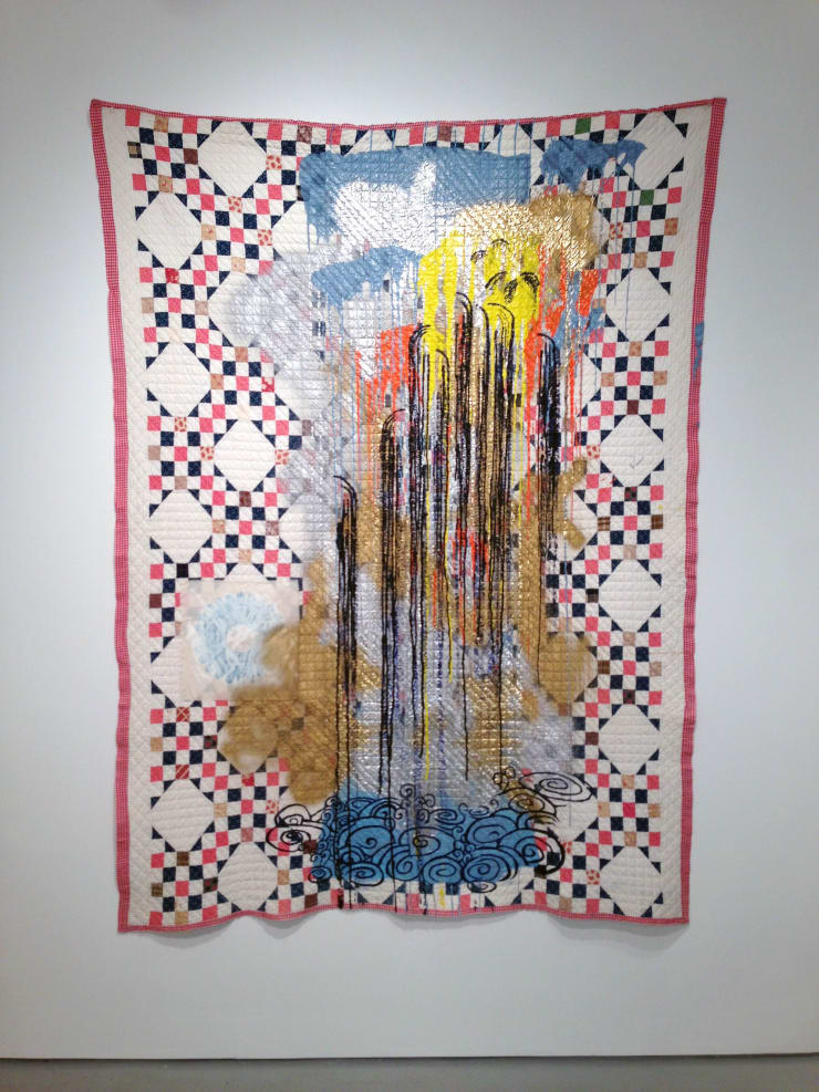 Sanford Biggers Quilt #26 (Waterfall), 2013 Fabric treated acrylic, spray paint, and silkscreen on repurposed quilt from 1800s 84 x 62 in. 213.36 x 157.48 cm