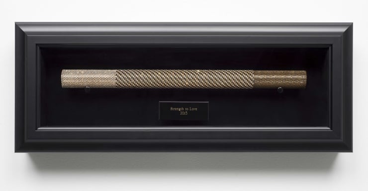 Cheryl Pope Strength to Love, 2013 rhinestones and adhesive on glass in velvet, wood and glass case 9 x 24 x 3 1/4 in. 22.86 x 60.96 x 8.26 cm