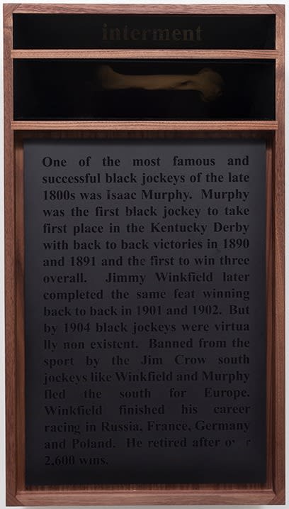 Nate Young Interment, 2017 gold leaf, walnut, plexiglass, horse bone, spray paint, LED 28 1/2 x 16 x 6 in. 72.4 x 40.6 x 15.2 cm