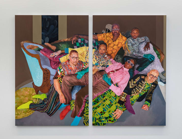 David Antonio Cruz iknowyou'vebeenwonderingwherei'vebeen:adrift,adraft,astare,atilt,asigh,exhale.but,icamebacktoletyouknow,gotathingforyou,andican'tletitgo_ the raft., 2024 oil, acrylic, and ink on wood panel 72 x 98 1/2 x 2 in (total with spacing) 182.9 x 250.2 x 5.1 cm 72 x 48 x 2 in (each panel) 182.9 x 121.9 x 5.1 cm