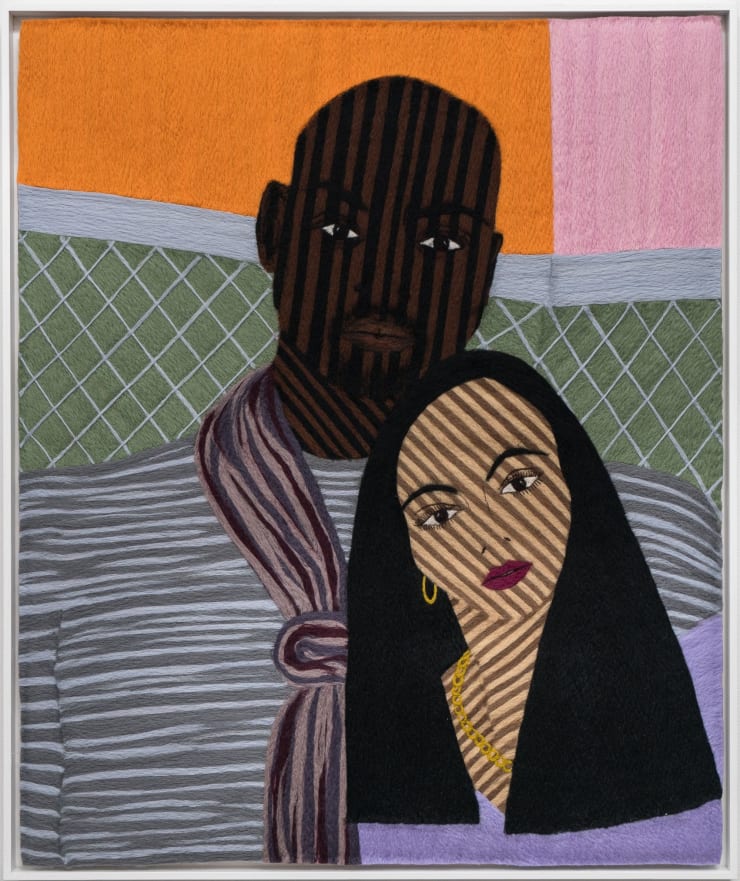 Cheryl Pope Portrait of Two at a Cafe, 2023 needle-punched wool roving on cashmere 31 1/4 x 26 1/8 in 79.4 x 66.4 cm