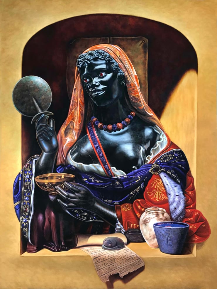 Kajahl Oracle (Holding Mirror), 2020 oil on canvas over panel 48 x 36 in 121.9 x 91.4 cm