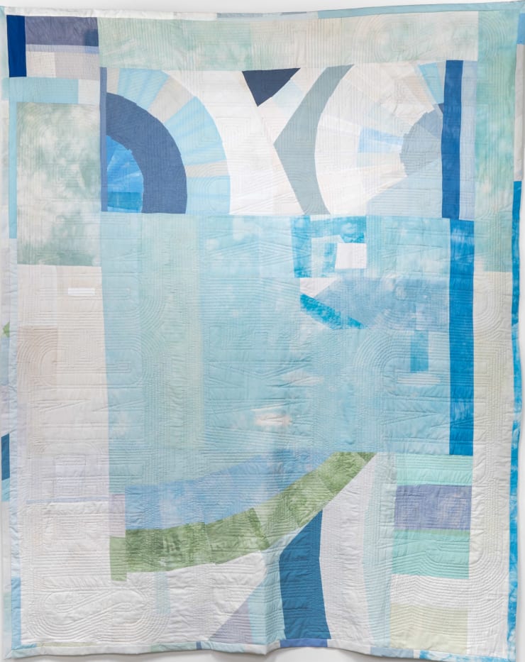Karen Reimer Sleeping Under the Sky/Sleeping Under the Lake #2, from the Shoretime Spaceline series, 2018-21 Embroidery on quilt 111 1/2 x 89 x 1 1/2 in 283.2 x 226.1 x 3.8 cm