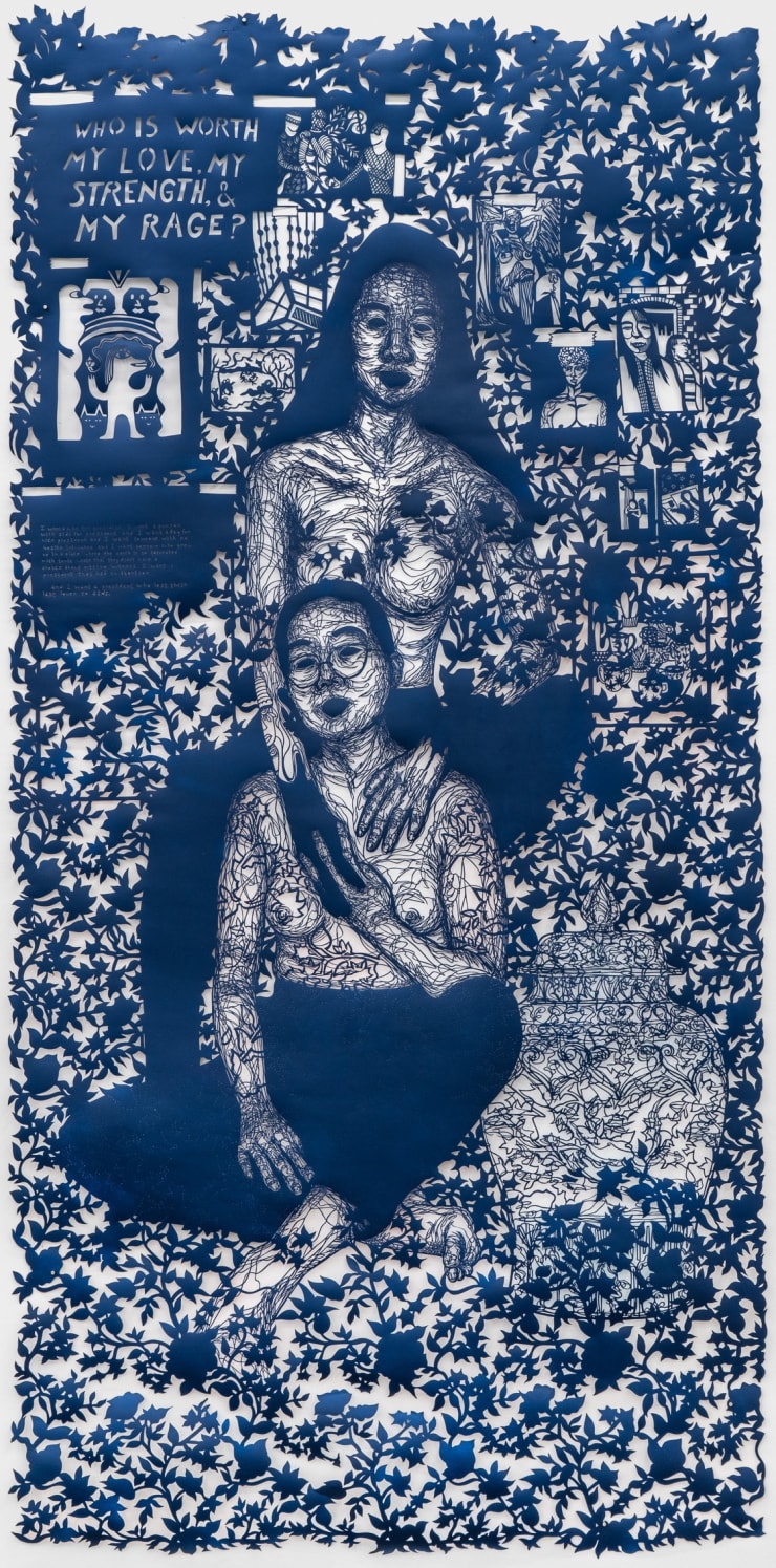 Antonius-Tín Bui I remember opening you into words, gently, with a single question, 2021 Hand-cut paper, ink, pencil, paint Unframed dimensions: 100 3/4 x 49 3/4 in 255.9 x 126.4 cm