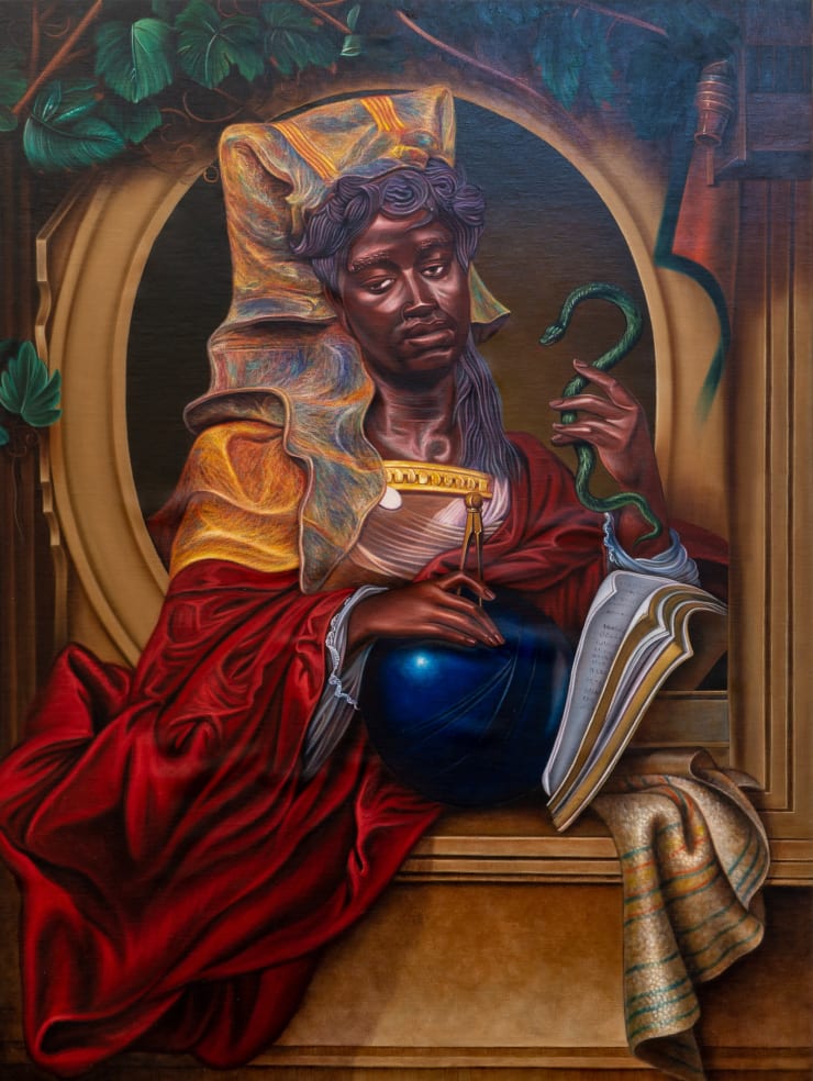 Kajahl Oracle Snake In Globe, 2020 oil on linen over panel 48 x 36 in 121.9 x 91.4 cm