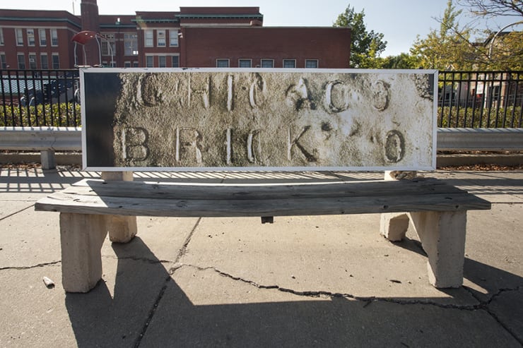 Amanda Williams it's a gold mine/is the gold mine? 1, 2016 imitation gold leaf on salvaged Chicago Brick Dimensions variable