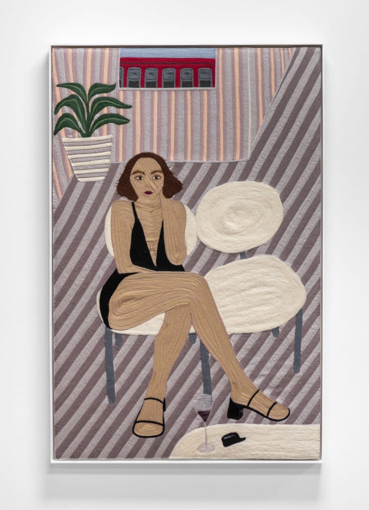 Cheryl Pope Portrait of a Woman with Two Chairs, 2023 needle-punched wool roving on cashmere 60 x 39 1/4 in 152.4 x 99.7 cm