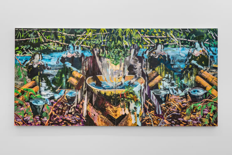 Maia Cruz Palileo Chances Are They Can Hear You, 2025 oil on linen 50 x 104 in (total) 127 x 264.2 cm 50 x 52 in (each panel) 127 x 132.1 cm
