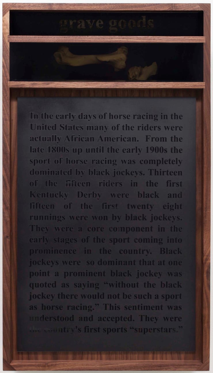 Nate Young Grave Goods, 2017 gold leaf, walnut, plexiglass, horse bone, spray paint, LED 28 1/2 x 16 x 6 in. 72.4 x 40.6 x 15.2 cm