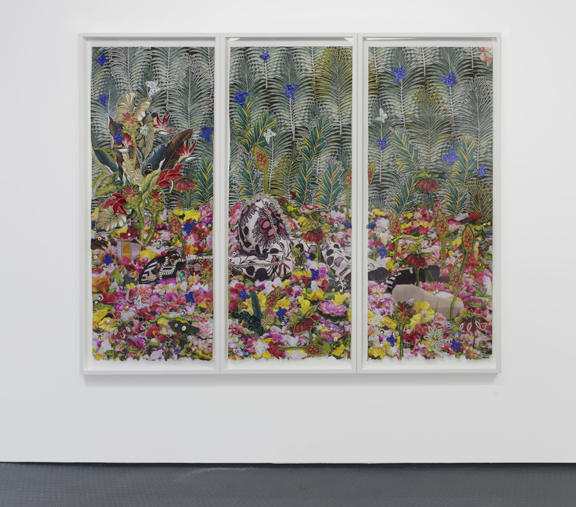 Ebony G. Patterson in a field of butterflies, 2015 Mixed media digital photograph with hand cut elements on watercolor paper 93 x 71 1/2 in. 236.22 x 181.61 cm