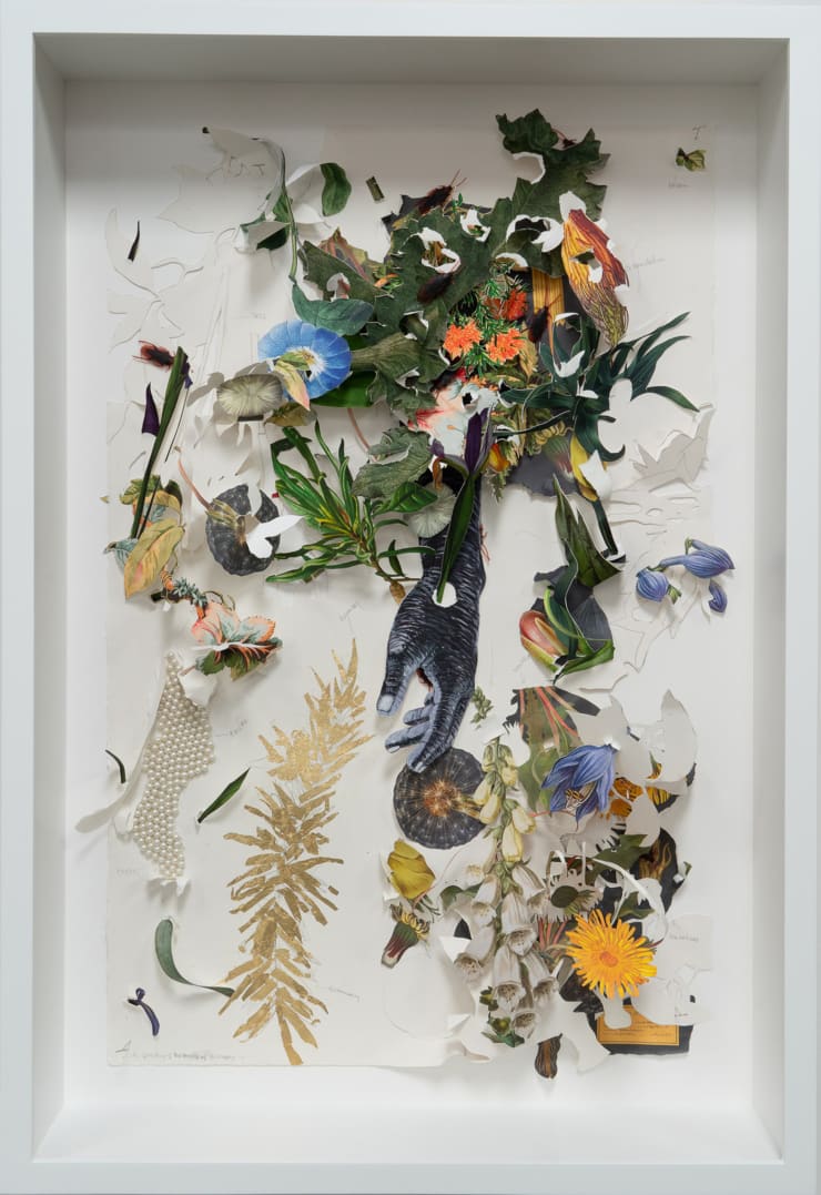 Ebony G. Patterson the flooding of the smells of rosemary .... when the workings of the dandelion is not enough, 2020 Gouache, Acrylic, gold leaf, graphite, plastic cockroaches, hand cut digital prints and watercolor paper 45 3/4 x 31 1/2 x 8 in. 116.2 x 80.0 x 20.3 cm