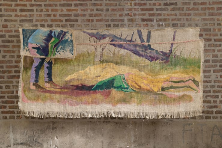 Pedro Montilla If you lose your shadow, 2025 Distemper and oil on fique 44 x 97 in 111.8 x 246.4 cm