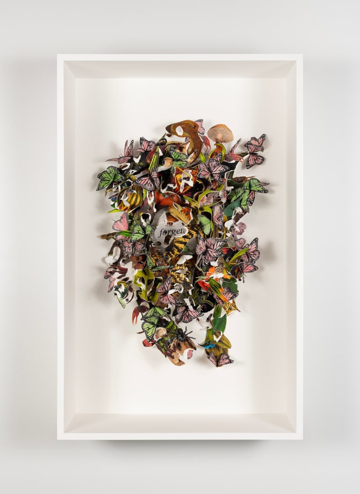 Ebony G. Patterson Studies for a vocabulary of loss XXII, 2024 digital print on archival watercolor paper, and construction paper with feather butterflies, plastic flies, spiders, and memorial rosette reading "forgetting" 47 1/2 x 30 1/2 x 12 in (framed) 120.7 x 77.5 x 30.5 cm