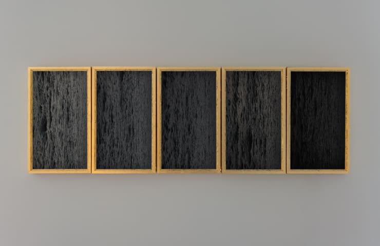 Cheryl Pope HIS EYES WERE FOCUSED ON THE MIDDLE DISTANCE, 2016 HD video on 5 monitors in custom wood frames with 23K gold leaf 39 1/2 x 119 1/2 x 4 3/4 in. 100.3 x 303.5 x 12.1 cm Notes: Duration: 8 min loop Edition of 3