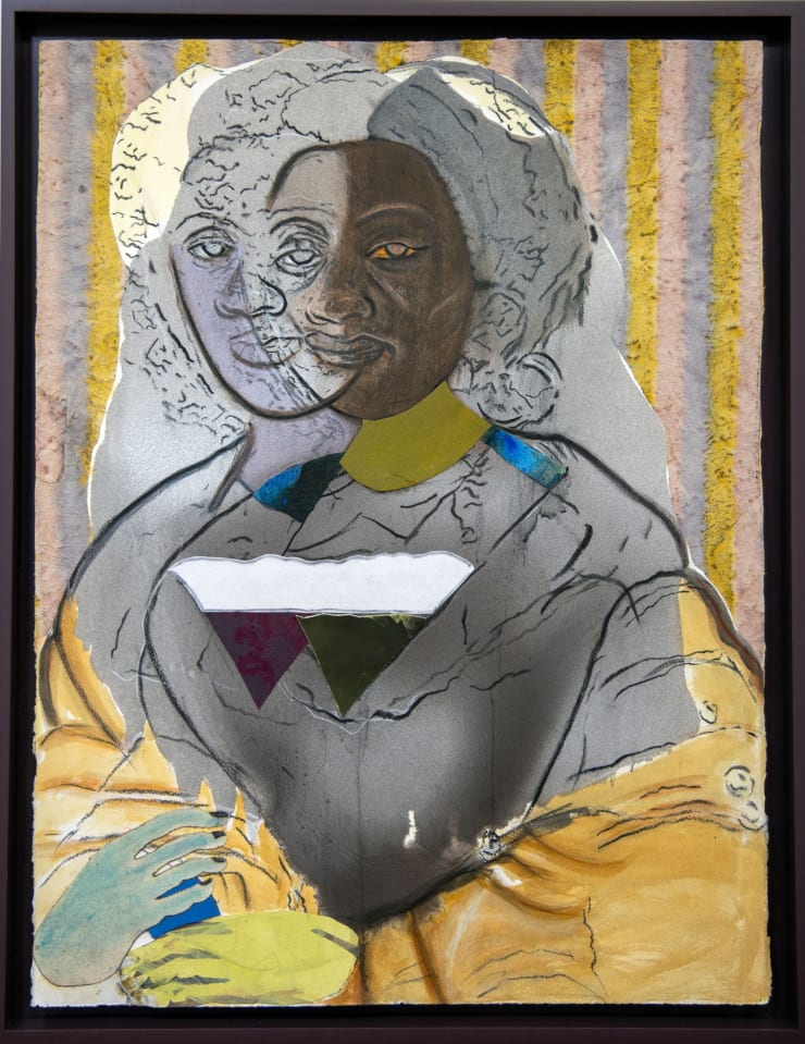 David Shrobe It's Not All That Glitters, 2024 oil, acrylic, charcoal, painted canvas and paper, leather, printed paper, flocking on archival watercolor paper, and wood frame 32 x 24 1/2 x 1 3/4 in (framed) 81.3 x 62.2 x 4.4 cm 30 x 22 1/2 in (artwork) 76.2 x 57.1 cm