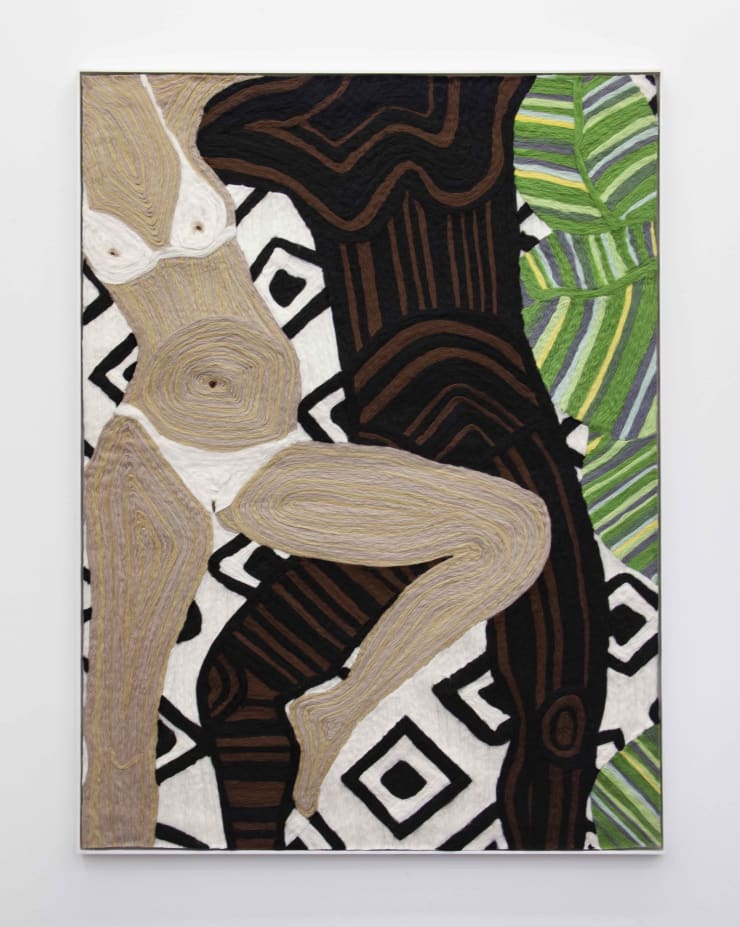 Cheryl Pope Woman and Man Reclining on Striped Mat XII, 2019 Needle-punched wool roving on cashmere 65 x 48 3/4 in. 165.1 x 123.8 cm