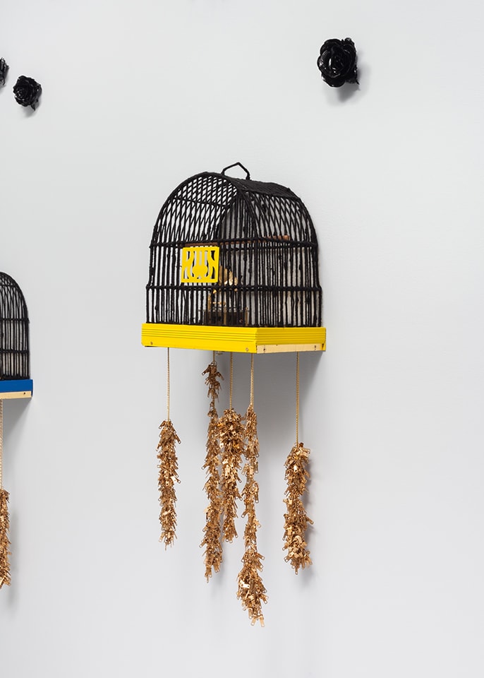 Cheryl Pope CAUGHT A CHILL: #528, 2016 bird cage, yarn, plastic, music box, autobody paint, speaker, arduino, zipper pulls, faux chain necklace, solfeggio frequency, gold leaf 14 x 9 x 48 in. 35.6 x 22.9 x 121.9 cm