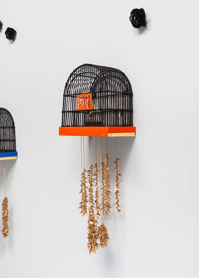 Cheryl Pope CAUGHT A CHILL: #417, 2016 bird cage, yarn, plastic, music box, autobody paint, speaker, arduino, zipper pulls, faux chain necklace, solfeggio frequency, gold leaf 14 x 9 x 48 in. 35.6 x 22.9 x 121.9 cm