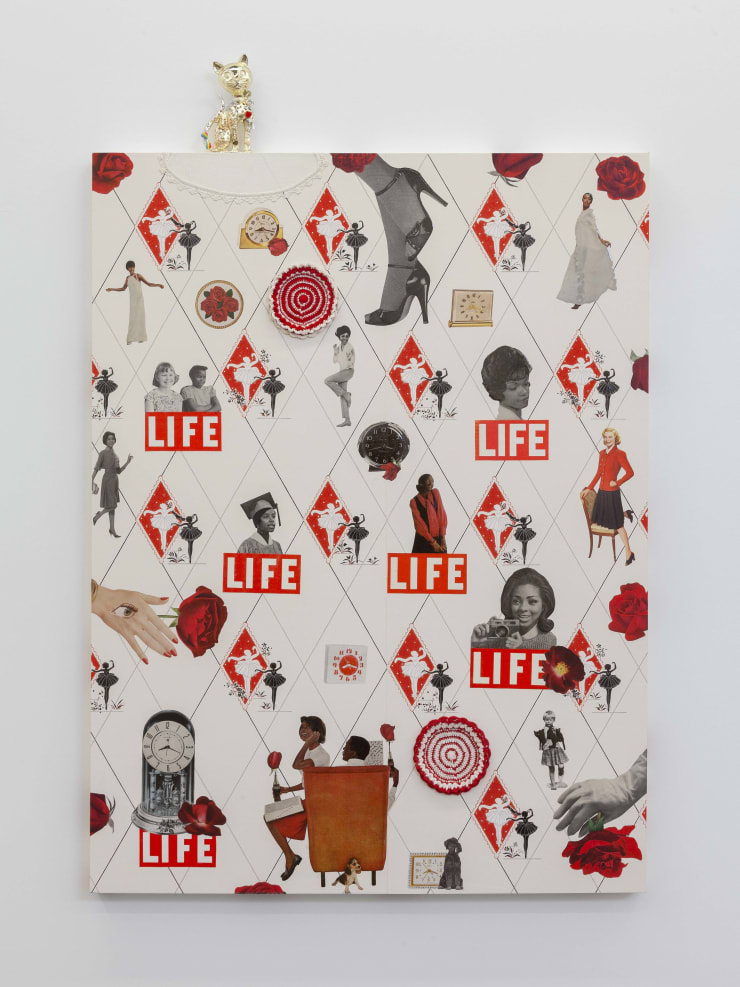 Genevieve Gaignard Black Swan, 2019 vintage wallpaper, vintage magazine cutouts, doilies, clear acrylic, on panel, with metal cat figurine and earrings 46 x 30 x 2 in. 116.8 x 76.2 x 5.1 cm