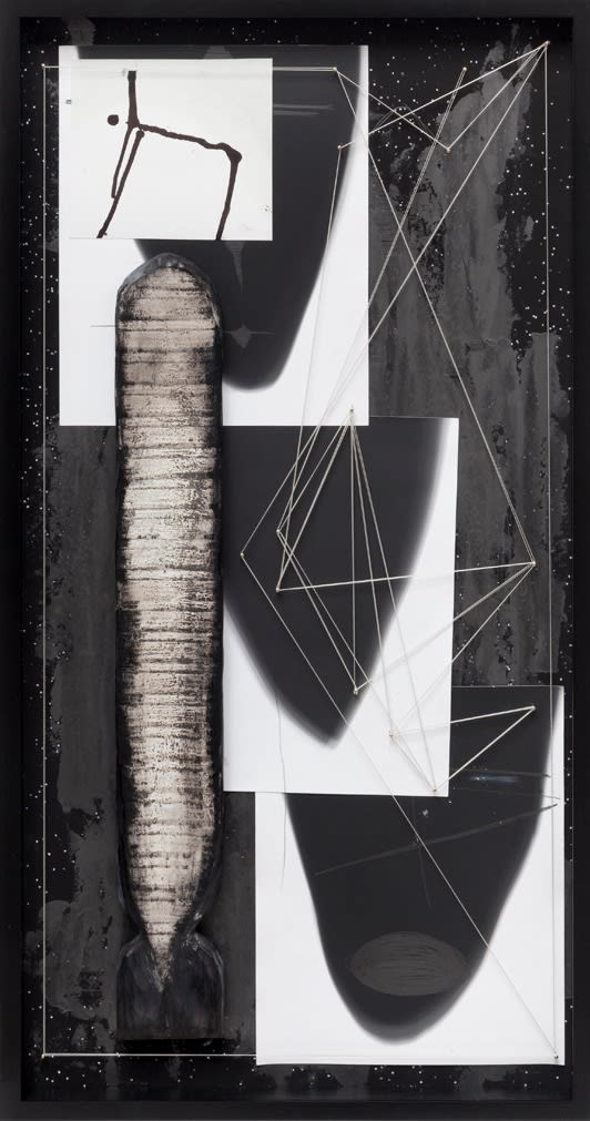 Sheree Hovsepian Triangle Pose, 2015 Archival dye transfer print, graphite, acrylic, silver gelatin prints, ink drawing on paper,wood, brass nails, string. 40 x 20 in. 101.6 x 50.8 cm