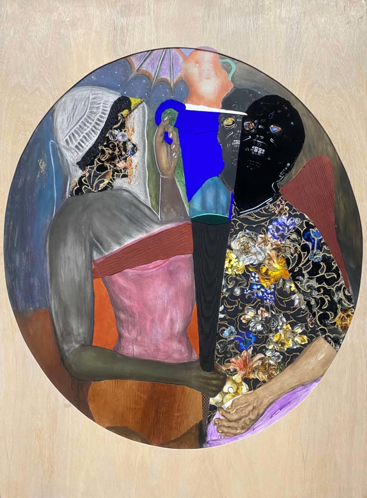 David Shrobe Libation, 2021 oil, acrylic, charcoal, flocking, linen, faux suede, suede, leather, embroidered wool, wool chambray, silk, acrylic fabric, and foam on carved wood 66 x 48 in. 167.6 x 121.9 cm.