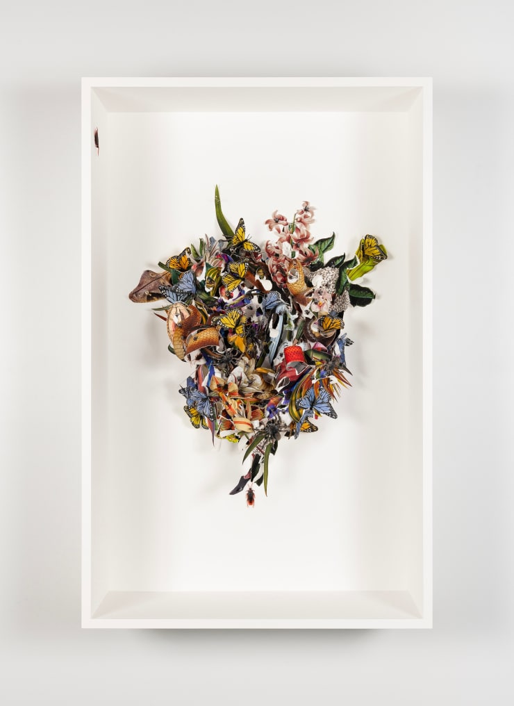 Ebony G. Patterson Studies for a vocabulary of loss XXI, 2024 digital print on archival watercolor paper, and construction paper with feather butterflies, plastic flies, roaches, spiders, and memorial rosette reading "cost" 47 1/2 x 30 1/2 x 12 in (framed) 120.7 x 77.5 x 30.5 cm