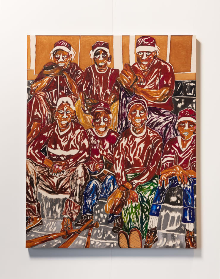 Chase Hall The Away Team (Little League), 2021 Acrylic and coffee on cotton canvas 60 x 48 in 152.4 x 121.9 cm