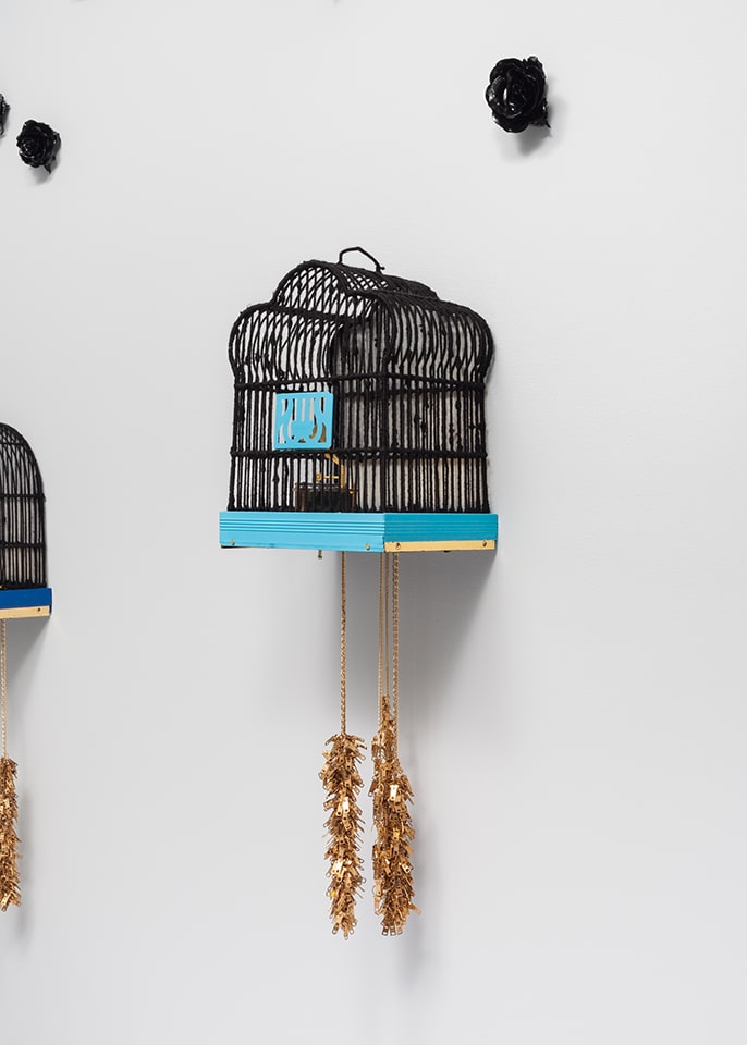 Cheryl Pope CAUGHT A CHILL: #741, 2016 bird cage, yarn, plastic, music box, autobody paint, speaker, arduino, zipper pulls, faux chain necklace, solfeggio frequency, gold leaf 14 x 9 x 48 in. 35.6 x 22.9 x 121.9 cm