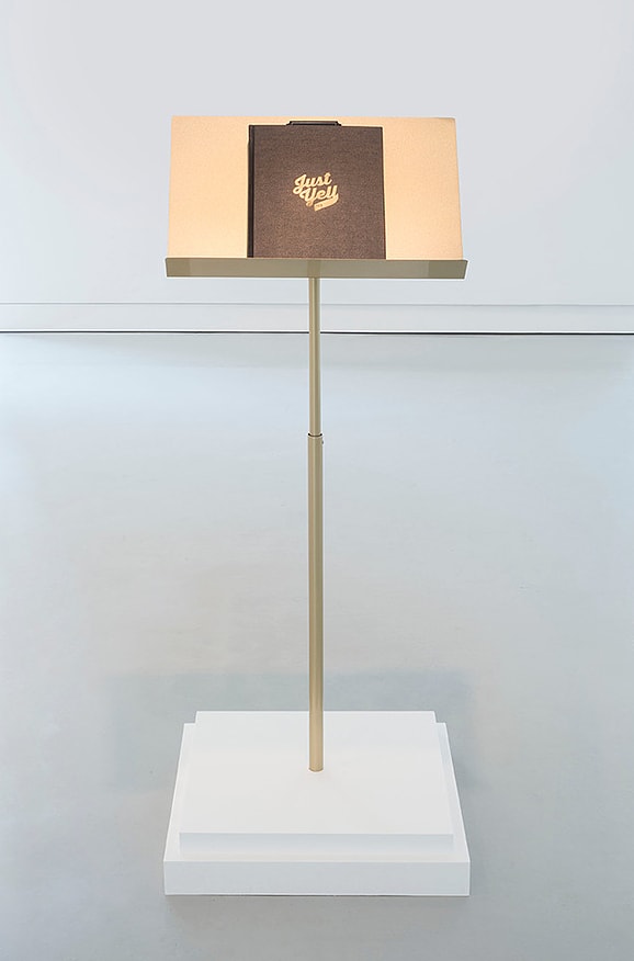 Cheryl Pope Just Yell: A Guidebook for Yellers, 2013 308 page hand-bound book, 24k gold plated music stand, painted plywood 29 x 20 x 20 in. 73.66 x 50.8 x 50.8 cm Edition of 5