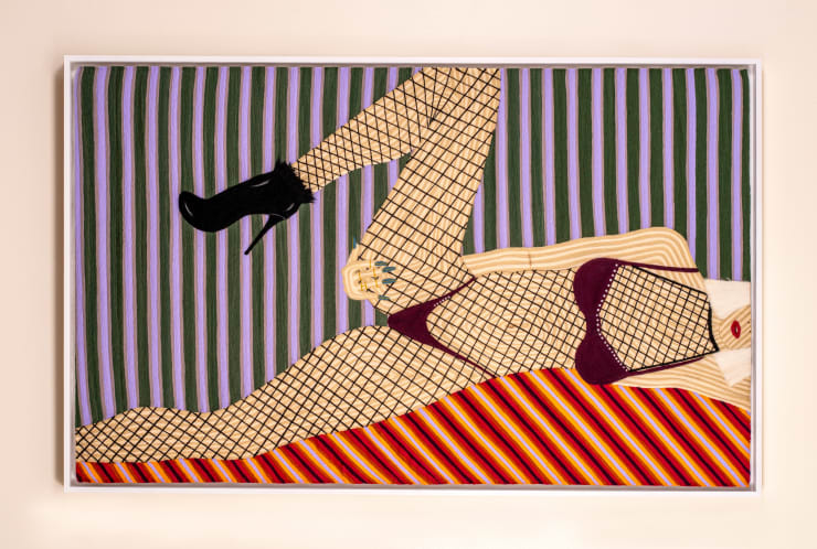 Cheryl Pope Portrait of a Woman on a Striped Bar, 2023 needle punched wool roving on cashmere 37 x 60 in 94 x 152.4 cm
