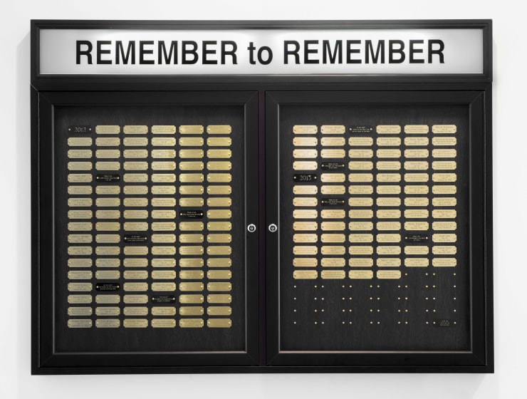 Cheryl Pope Remember to Remember, 2013 metal, glass casing, light, brass name plates 36 x 47 x 2 1/2 in. 91.44 x 119.38 x 6.35 cm