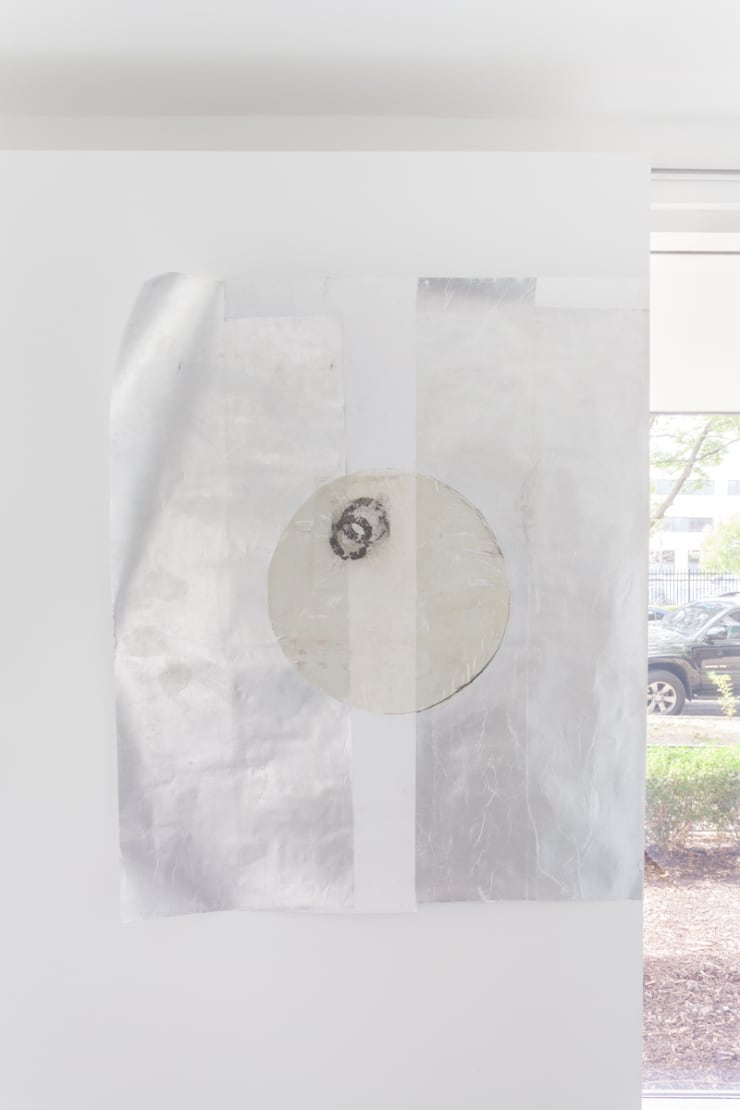 Kate Levant Nacre’ous 00cellum, 2016 Aluminum foil, aerosol adhesive, graphite, plastic laminate, nylon spinnaker sail, ink and oil-based polyurethane on paper. 63 1/2 x 54 in. 161.3 x 137.2 cm