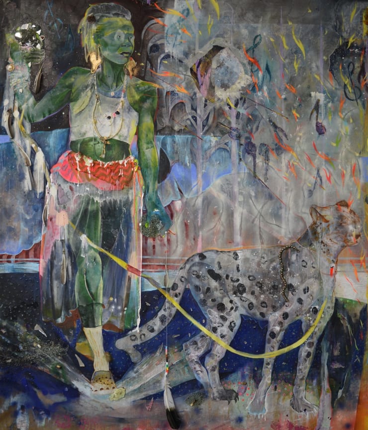 Lavar Munroe If Only We Walk Far Enough, 2022 feathers, broken Mercedes Benz glass, mirror, string, jewelry, acrylic and spray paint on canvas 72 x 84 in 182.9 x 213.4 cm