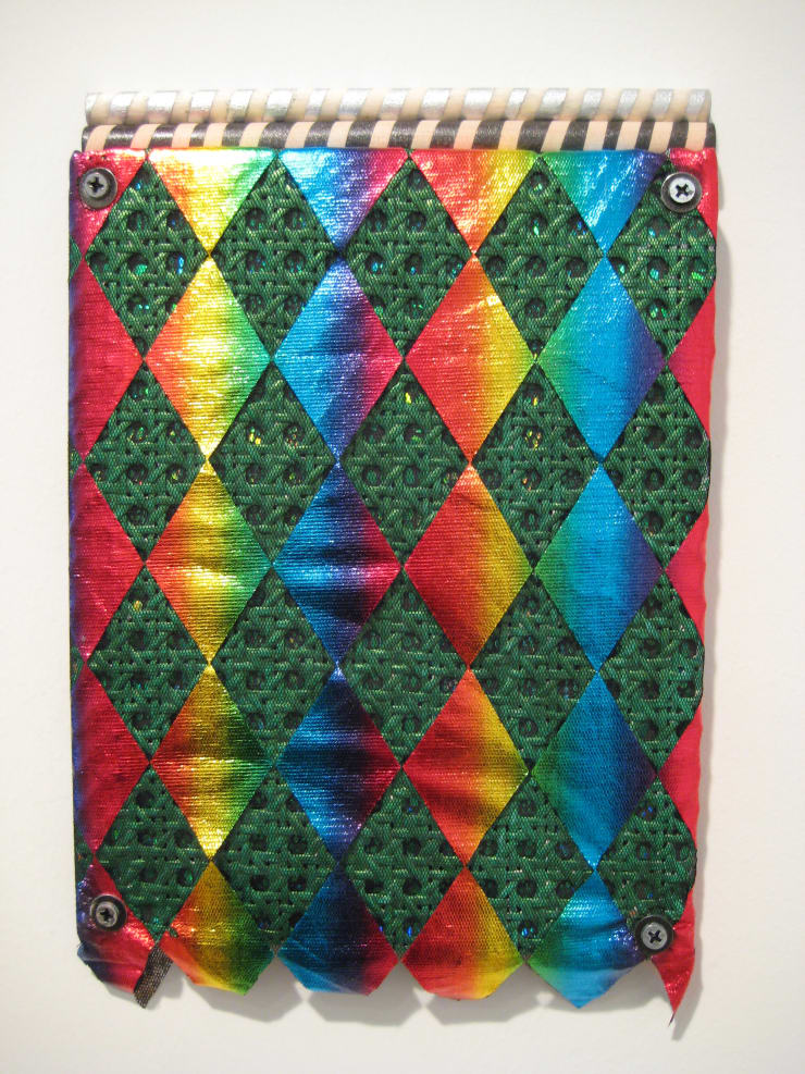 Dan Gunn Harlequin No. 4, 2010 acrylic paint, fabric, found reed caning, wood and hardware 12 1/2 x 8 in. 31.75 x 20.32 cm