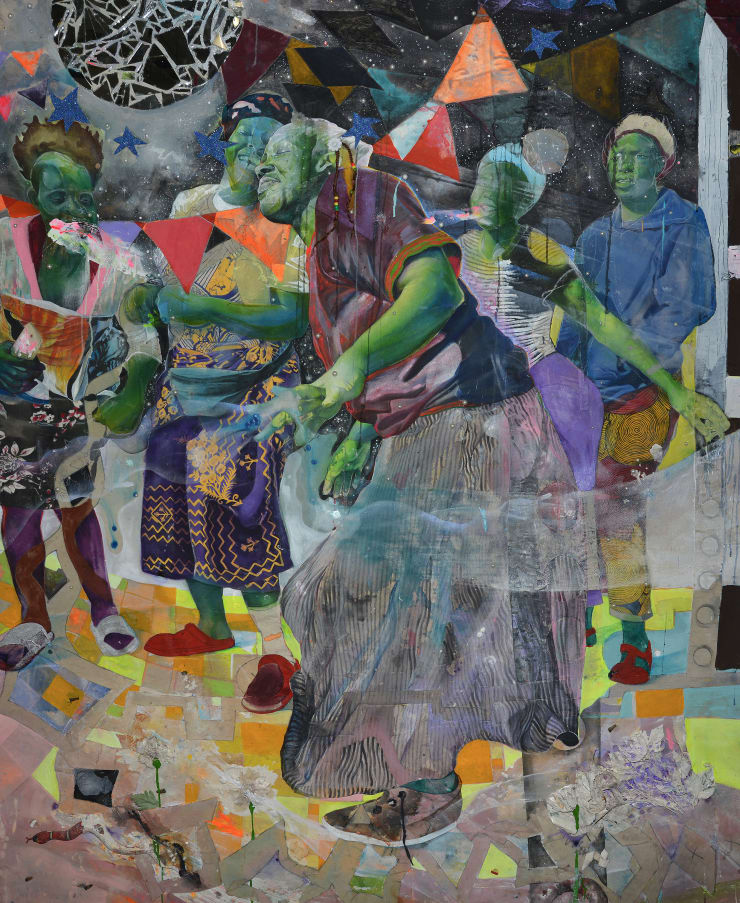 Lavar Munroe Mid-Night Dancer, 2023 acrylic, spray paint, house enamel, synthetic flowers, glitter, rubber, tape, beads, earrings, pearls, shoe lace, roaches (blunts), glass and hair braids on canvas 89 x 72 in 226.1 x 182.9 cm