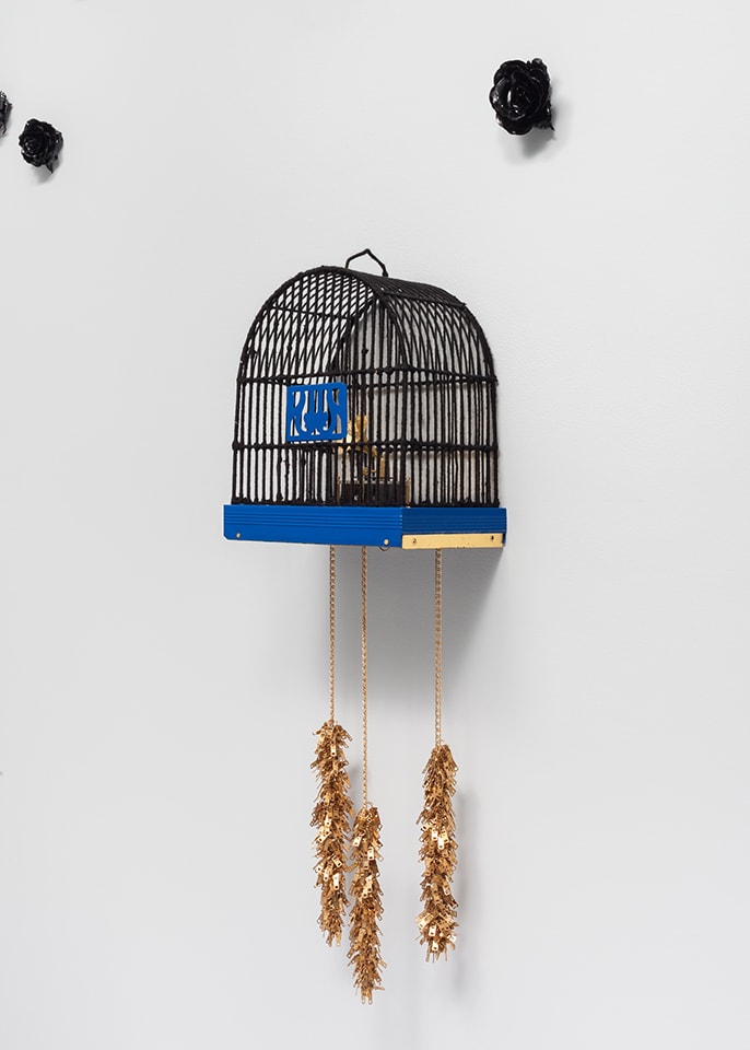 Cheryl Pope CAUGHT A CHILL: #852, 2016 bird cage, yarn, plastic, music box, autobody paint, speaker, arduino, zipper pulls, faux chain necklace, solfeggio frequency, gold leaf 14 x 9 x 48 in. 35.6 x 22.9 x 121.9 cm