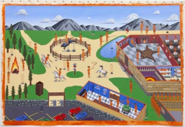 Jake Troyli High noon at Ranchland®, 2019 Oil and graphite on un-stretched cotton canvas 84 x 126 in. 213.4 x 320.0 cm