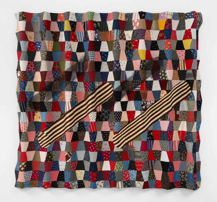 Sanford Biggers Furrow, 2023 antique quilts, assorted textiles, mixed media on fiberglass 63 x 67 1/2 x 3 in 160 x 171.4 x 7.6 cm