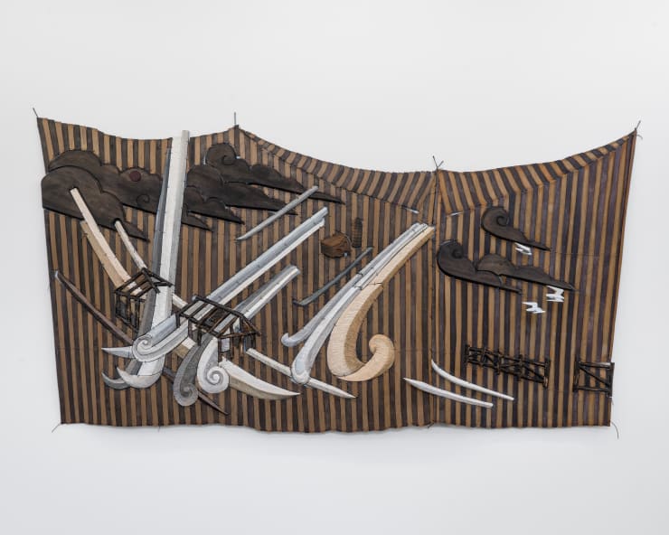 Dan Gunn Tempest Scenery, 2023 Acrylic, milk paint, light stable metalized acid dye, and water-based polyurethane on birch plywood and poplar, with nylon cord 69 x 125 x 3 in 175.3 x 317.5 x 7.6 cm