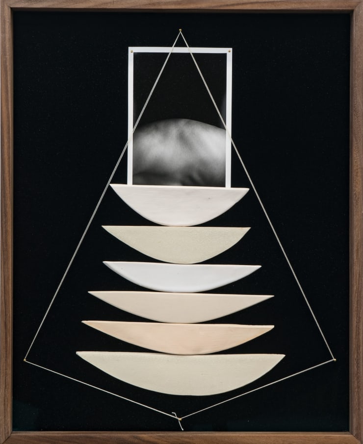 Sheree Hovsepian Tide, 2024 silver gelatin photograph, string, nails, glazed ceramic, velvet, walnut artist frame 21 x 17 x 3 1/2 in 53.3 x 43.2 x 8.9 cm