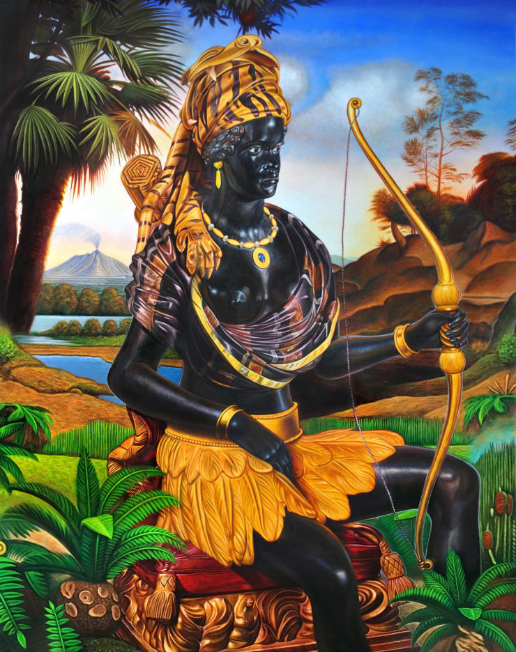 Kajahl Tigress Guardian In Palmtree Oasis, 2020 oil on canvas over panel 60 x 48 in 152.4 x 121.9 cm