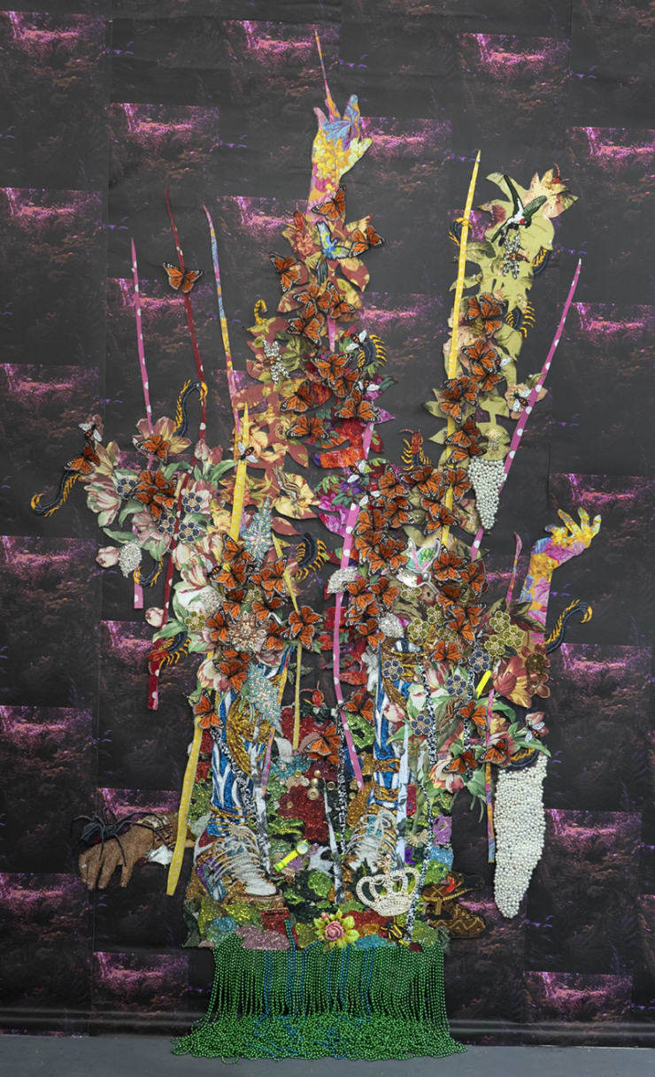 Ebony G. Patterson below..., 2021 mixed media on jacquard woven photo tapestry and custom vinyl wallpaper 104 x 60 in 264.2 x 152.4 cm