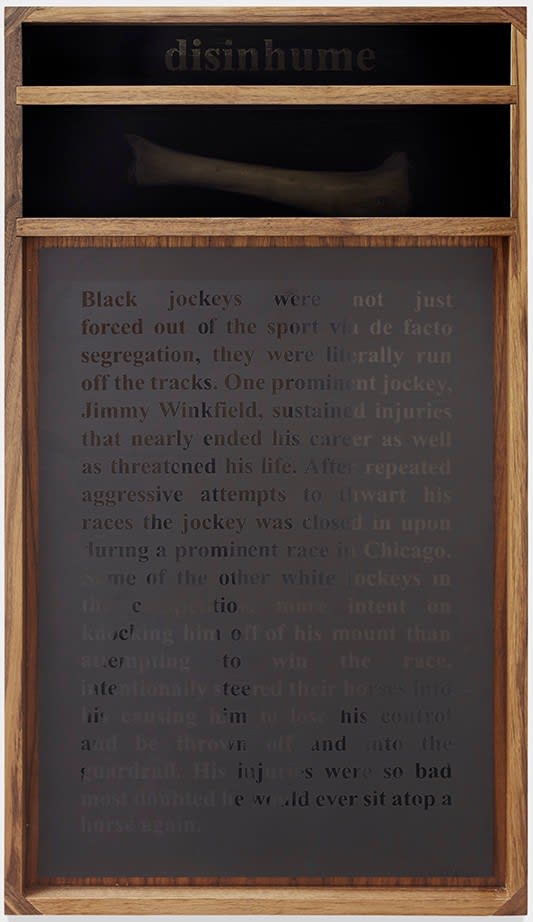 Nate Young Disinhume, 2018 gold leaf, walnut, plexiglass, horse bone, spray paint, LED 28 1/2 x 16 x 6 in. 72.4 x 40.6 x 15.2 cm