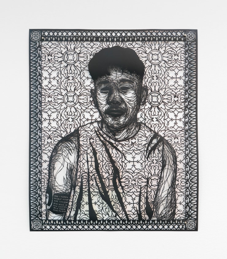 Antonius-Tín Bui If the stars have, as they say, been dead for millions of years by the time their light reaches us, then it follows that my retinas are a truer thing to call sky., 2023 hand cut paper, ink, and paint 29 3/4 x 24 1/2 in 75.6 x 62.2 cm