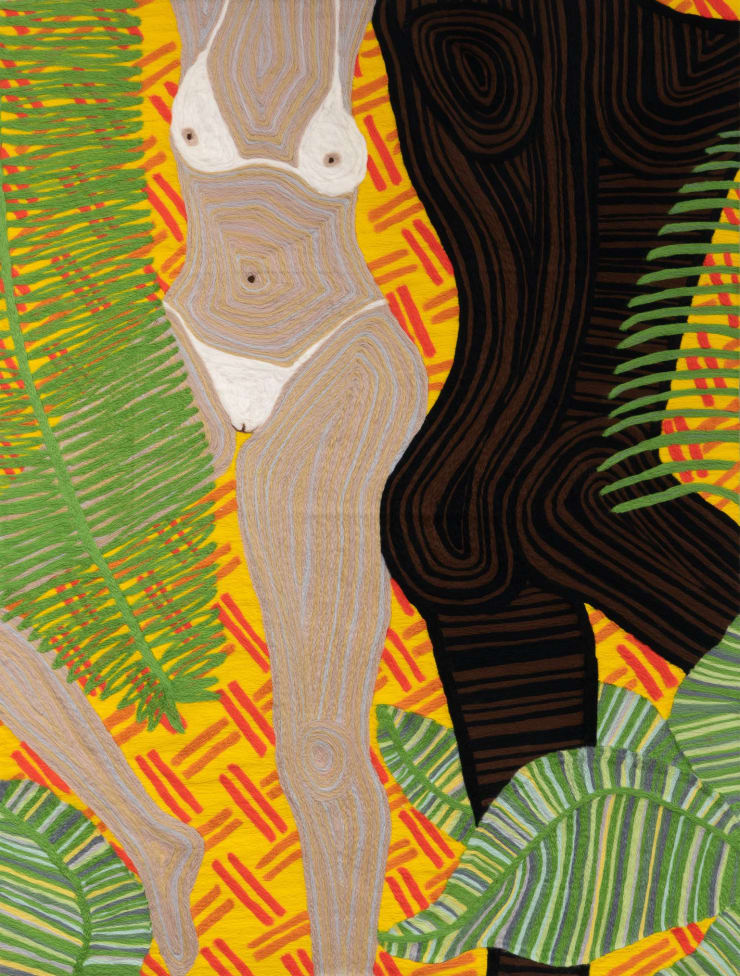 Cheryl Pope Woman and Man Reclining on Striped Mat XV, 2020 needle-punched wool roving on cashmere, painted wood frame 65 x 50 in 165.1 x 127 cm