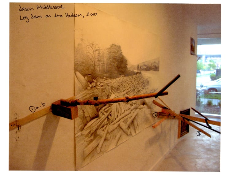 Jason Middlebrook Log Jam on the Hudson, 2010 graphite on paper with reclaimed wood Drawing: 55 ¼ x 83 inches Installation dimensions variable
