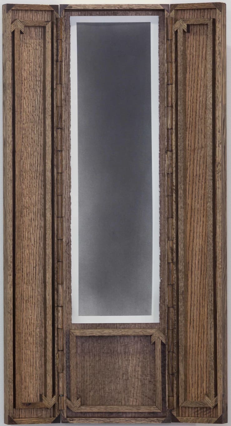 Nate Young Untitled (Altar No. 18), 2016 Graphite on paper, oak and walnut, gold leaf 38 x 20 x 2 1/2 in. 96.5 x 50.8 x 6.3 cm Notes: Open dimensions
