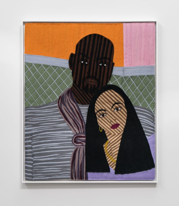 Cheryl Pope Portrait of Two at a Cafe, 2023 needle-punched wool roving on cashmere 31 1/4 x 26 1/8 in 79.4 x 66.4 cm